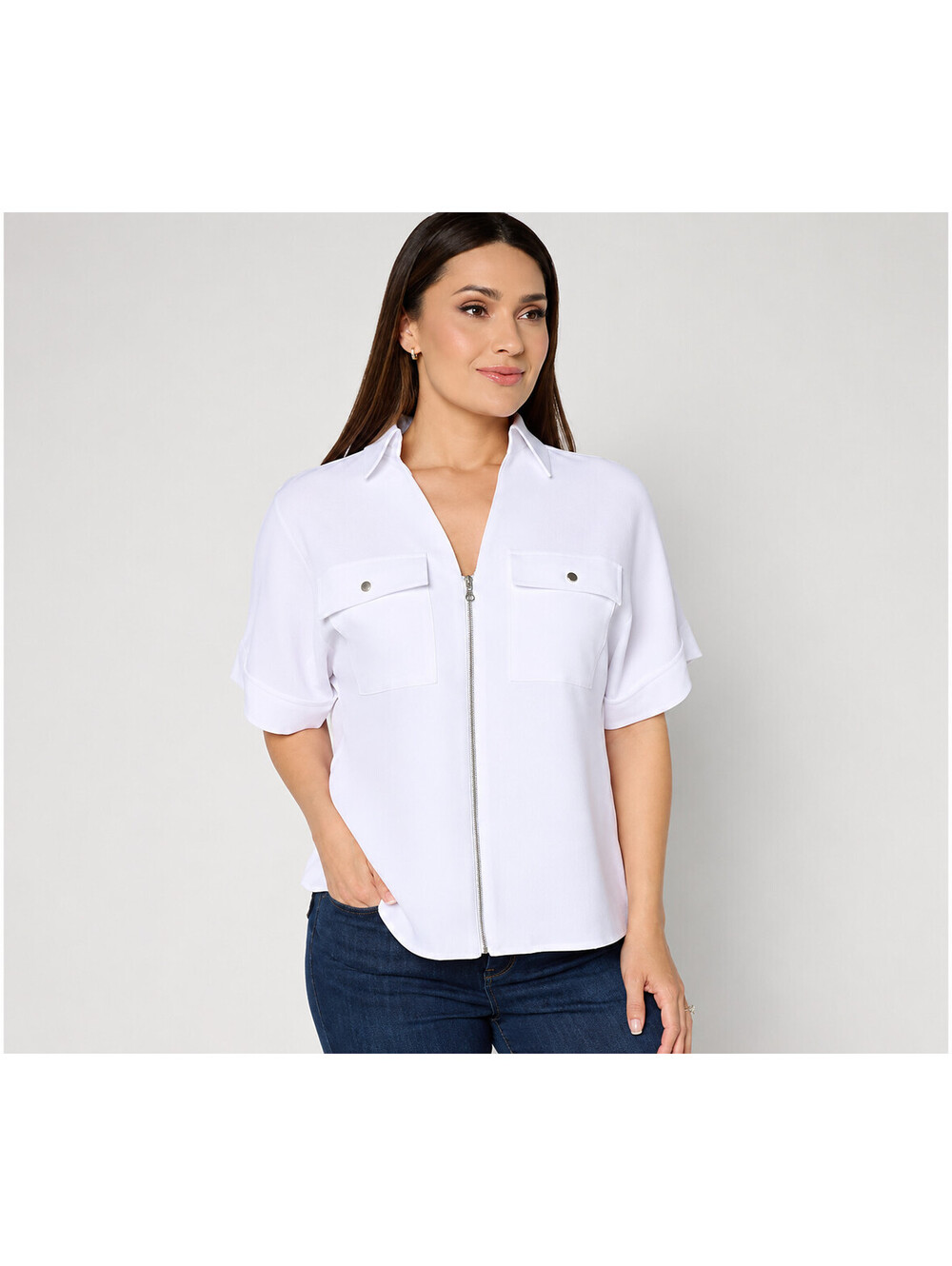 Susan Graver Textured Woven Zip-Front Utility Jacket Whites, X-Small